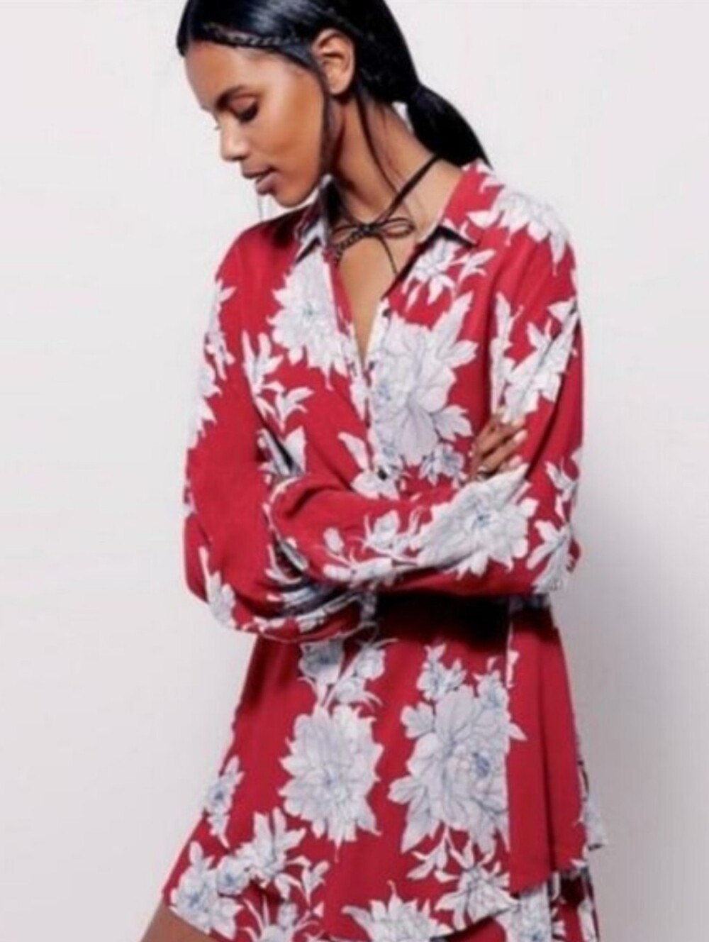 FREE PEOPLE Shake It Boho Gypsy Mini Dress Tunic Pockets Red Floral  EUC Small